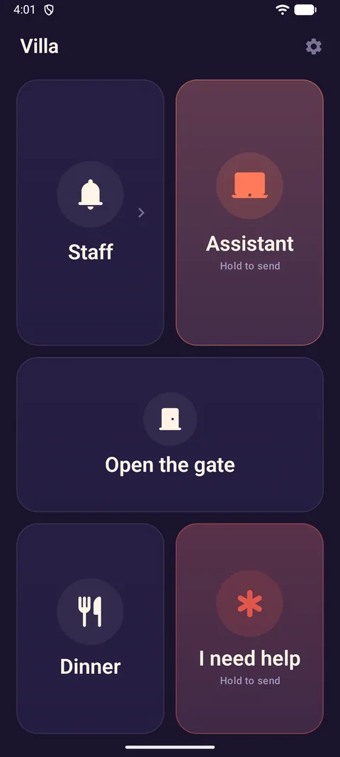 Call'em home screen with buttons Staff, Assistant, Open the gate, Dinner, I need help